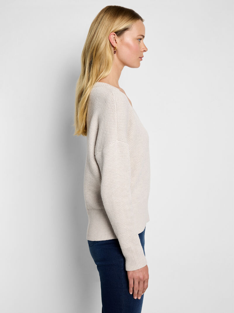 Woman Wears Tuck Stitch V-Neck Sweater image number 3