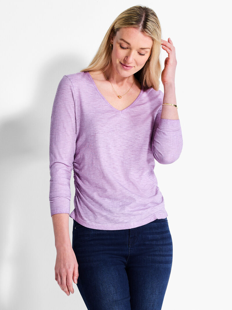 Woman Wears NZT Long Sleeve V-Neck Ruched Tee image number 0