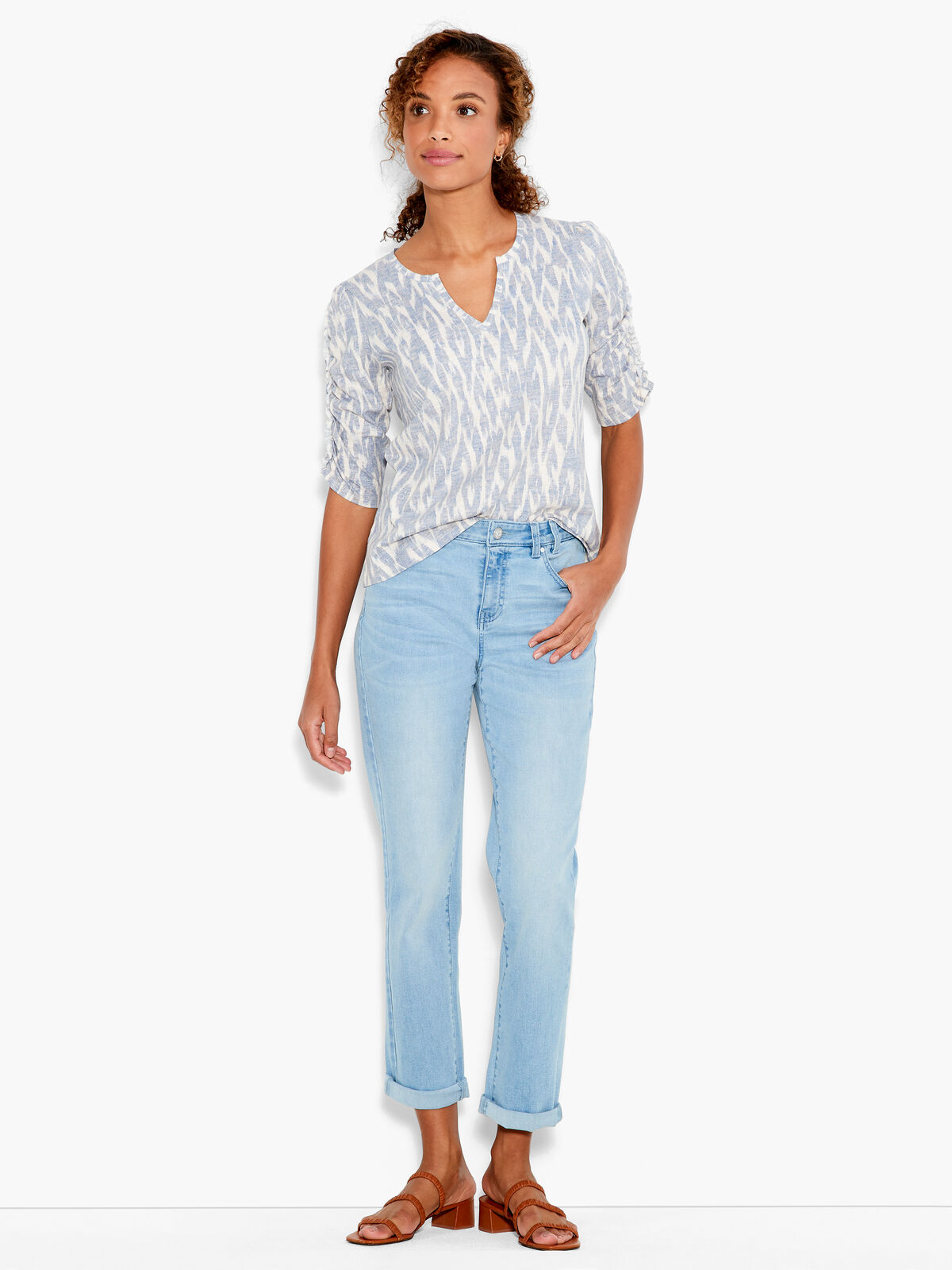 NZT Ikat Ruched Elbow Sleeve Split Neck