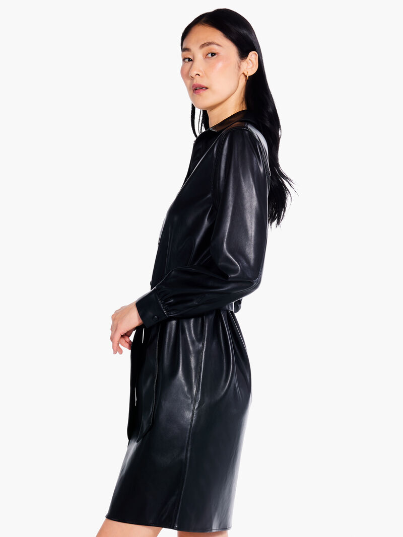 Woman Wears Faux Leather Trench Dress image number 1