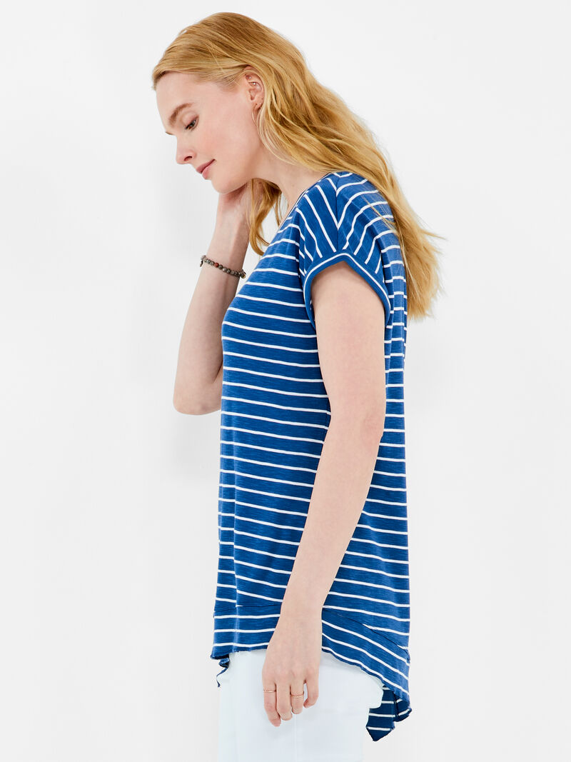 Woman Wears NZT Striped Short Sleeve V Neck Asymmetrical Tee image number 1