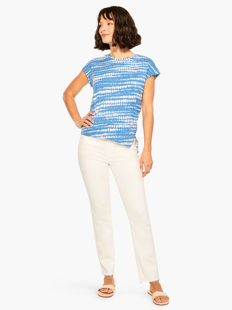 Woman Wears NZT Dotty Lines Short Sleeve Crew Assymetrical Tee image number 3