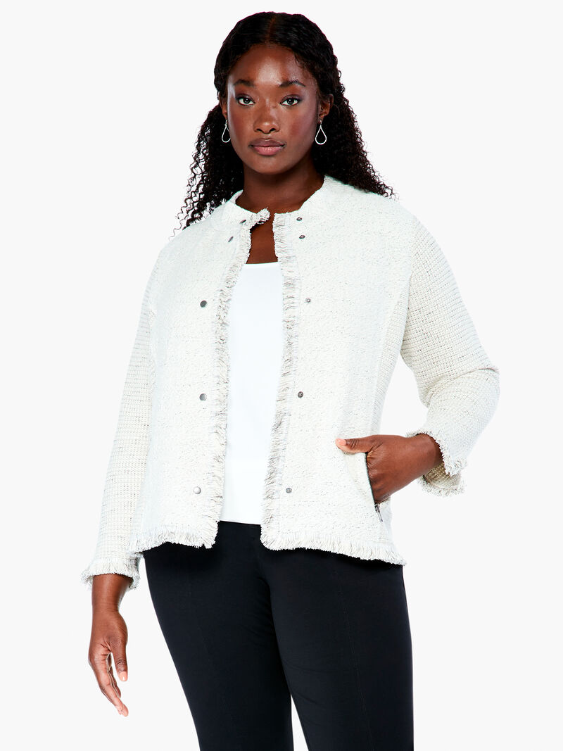 Woman Wears Collared Fringe Mix Knit Jacket image number 0