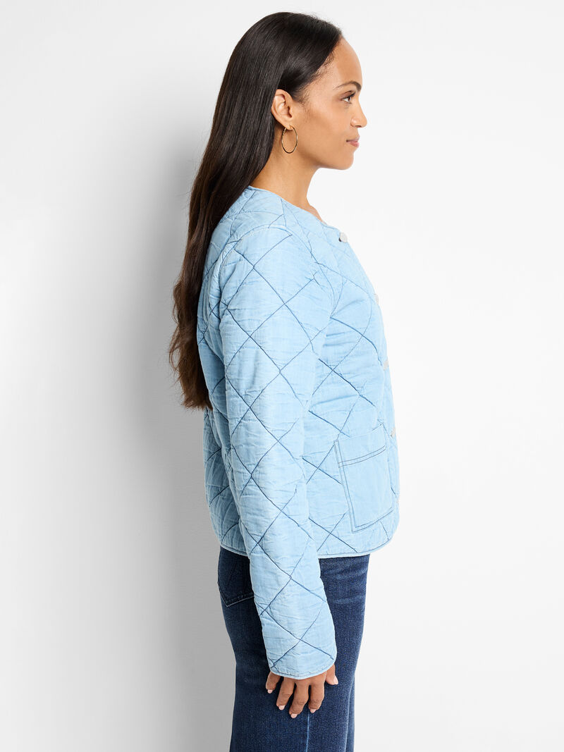 Woman Wears Quilted Denim Jacket image number 2