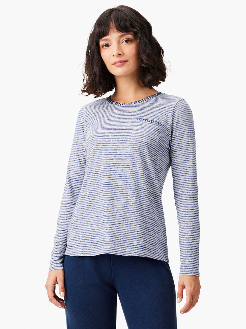 Woman Wears NZT Crew Neck Long Sleeve Stripe Tee image number 0