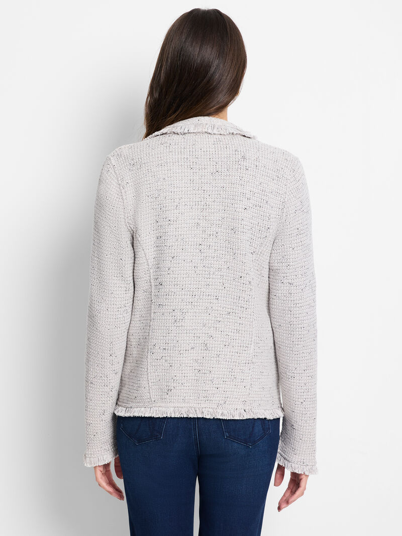 Woman Wears Collared Fringe Mix Knit Jacket image number 3