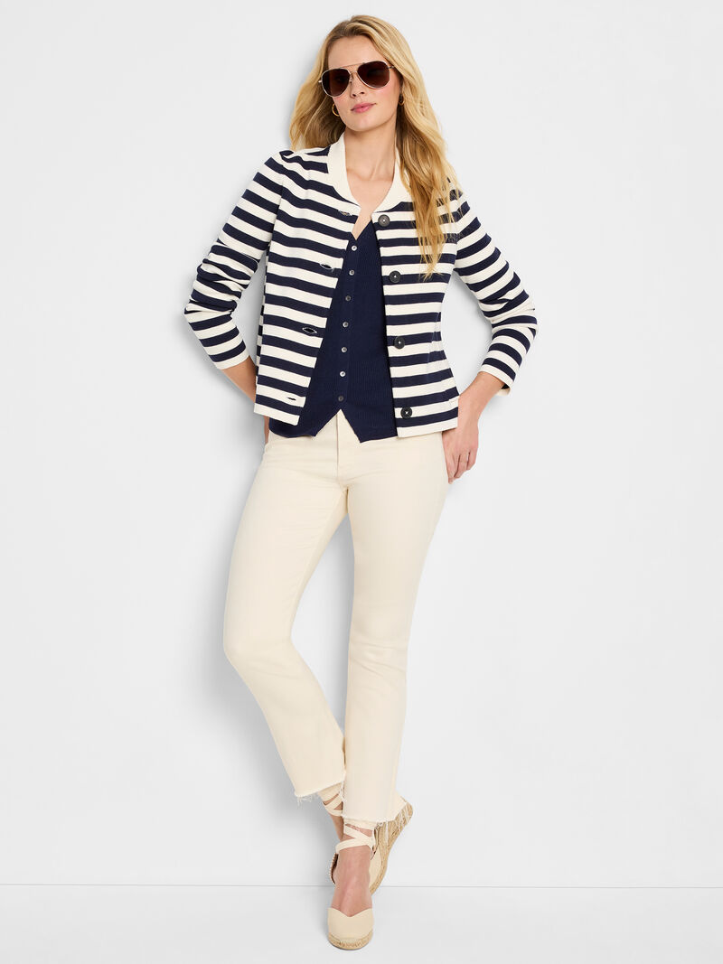 Woman Wears Stripe Knit Bomber Jacket image number 1