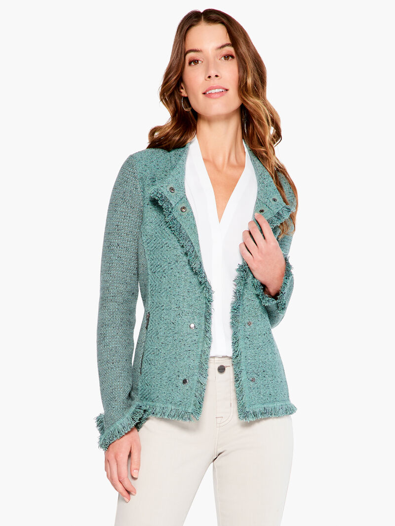 Woman Wears Collared Fringe Mix Knit Jacket image number 0