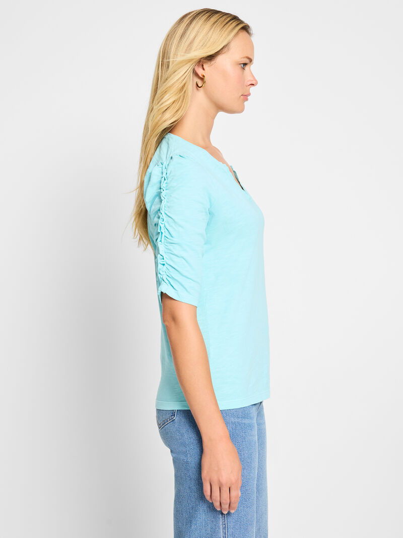 NZT Ruched Elbow Sleeve Split Neck Tee