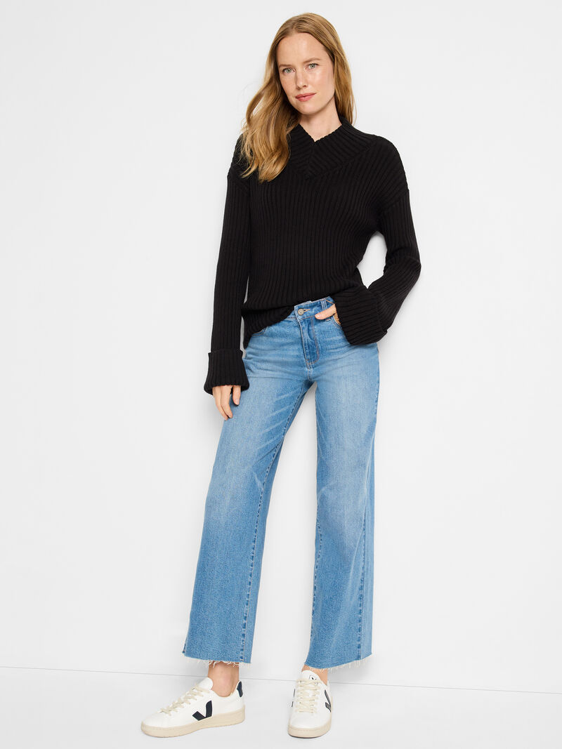Woman Wears Mock V Ribbed Sweater image number 1
