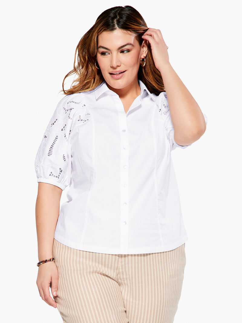 Woman Wears Eyelet Sleeves Shirt image number 1