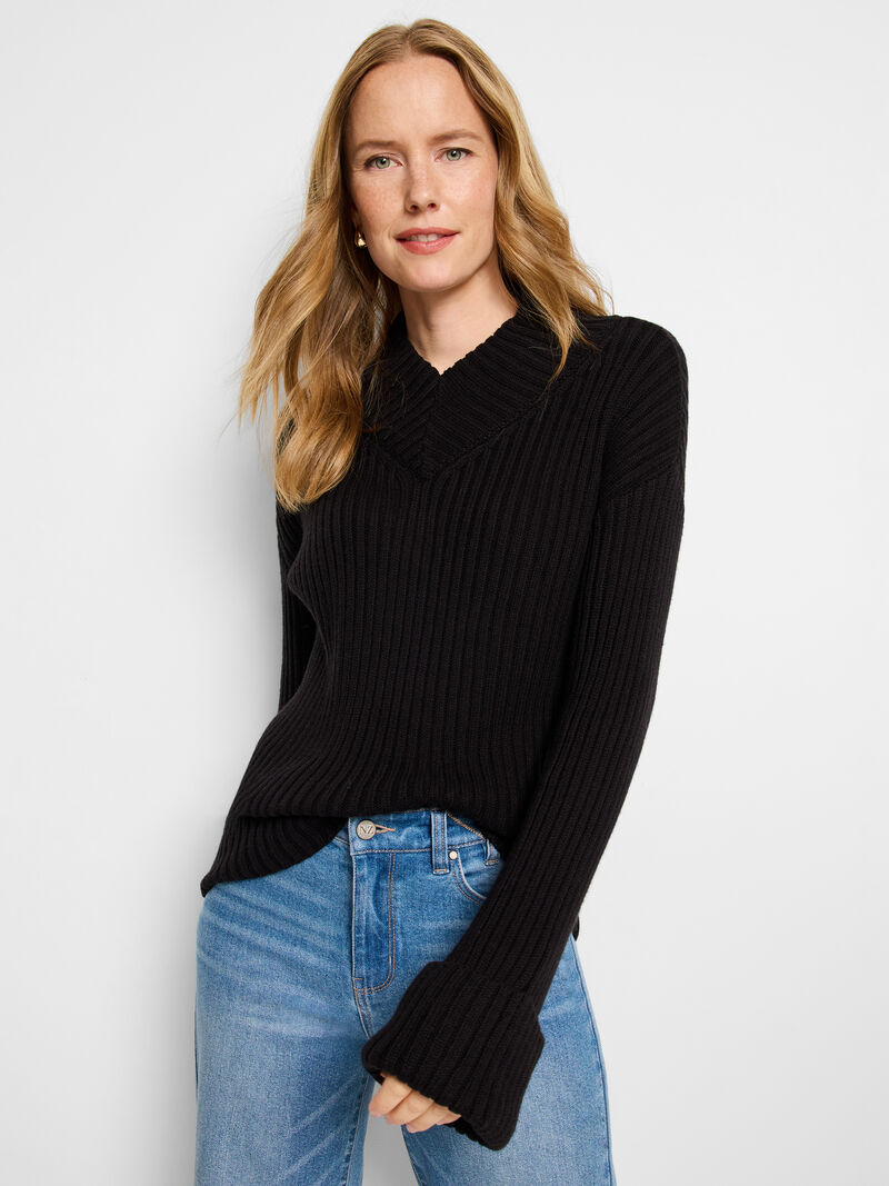 Woman Wears Mock V Ribbed Sweater image number 0