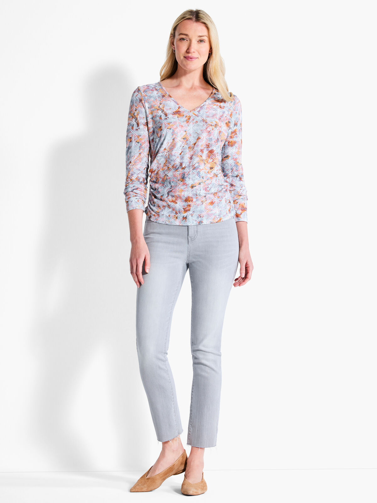 NZT Blurred Grid Long Sleeve V-Neck Ruched Tee