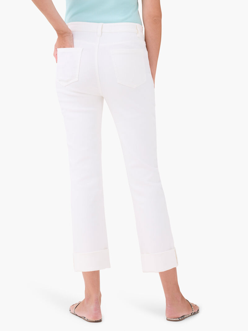 Woman Wears NZ Denim 24" Mid Rise Straight Roll Cuff Jeans image number 4