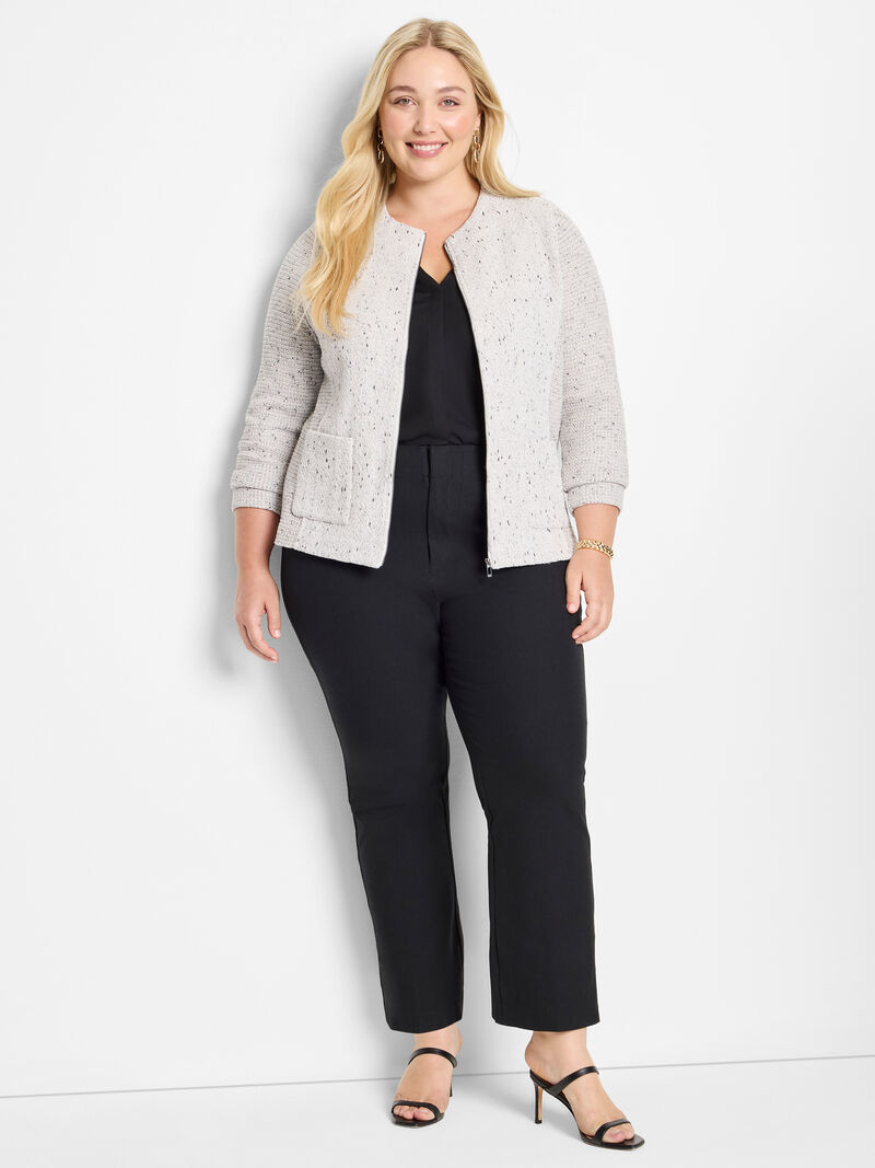 Woman Wears Zip Front Mix Knit Jacket image number 1