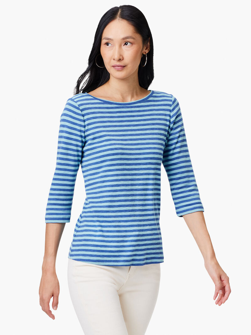 Woman Wears NZT 3/4 Sleeve Stripe Boat Tee image number 0
