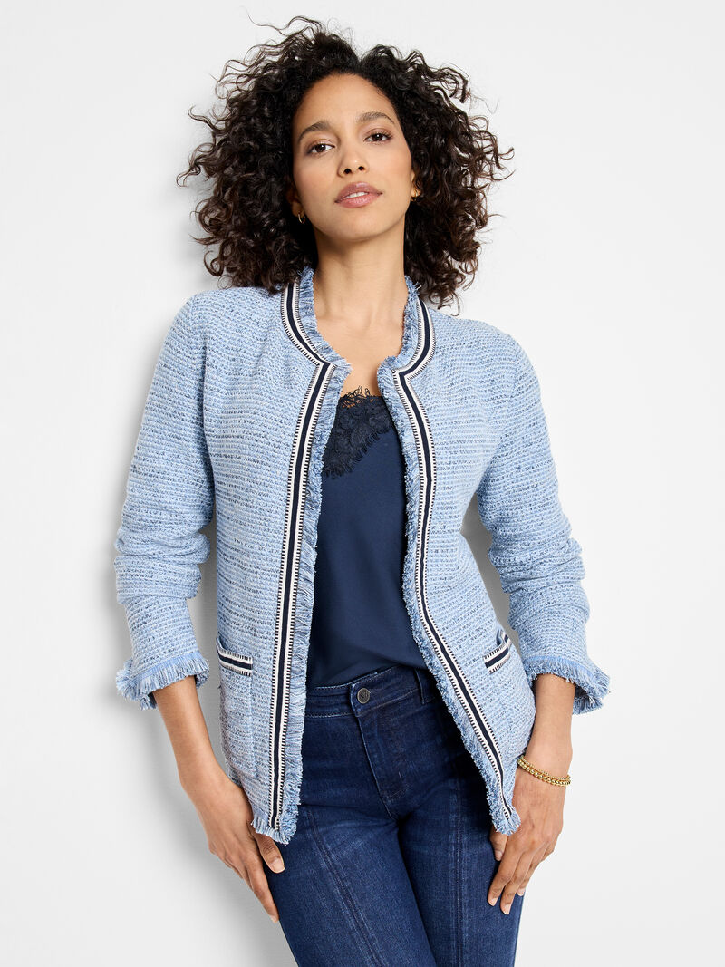 Woman Wears Indigo Fringe Mix Knit Jacket image number 0