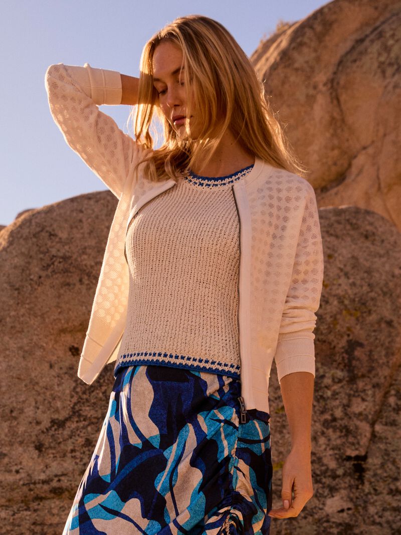 Woman Wears Sheer Stitch Knit Cardigan image number 0