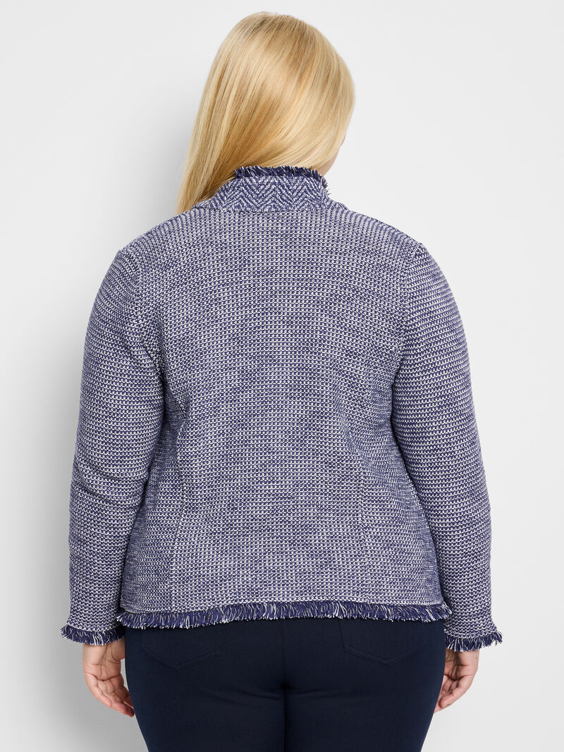 Woman Wears Notch Collar Fringe Mix Knit Jacket image number 3