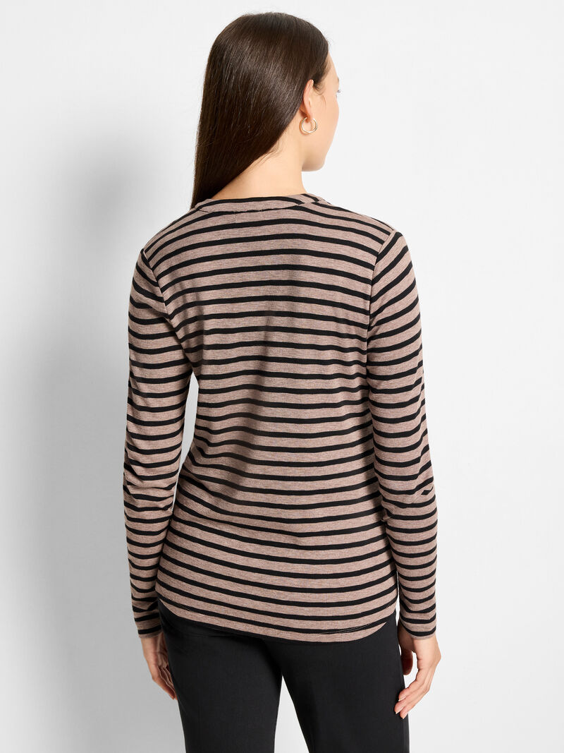 Woman Wears NZT Striped Long Sleeve Henley Tee image number 2