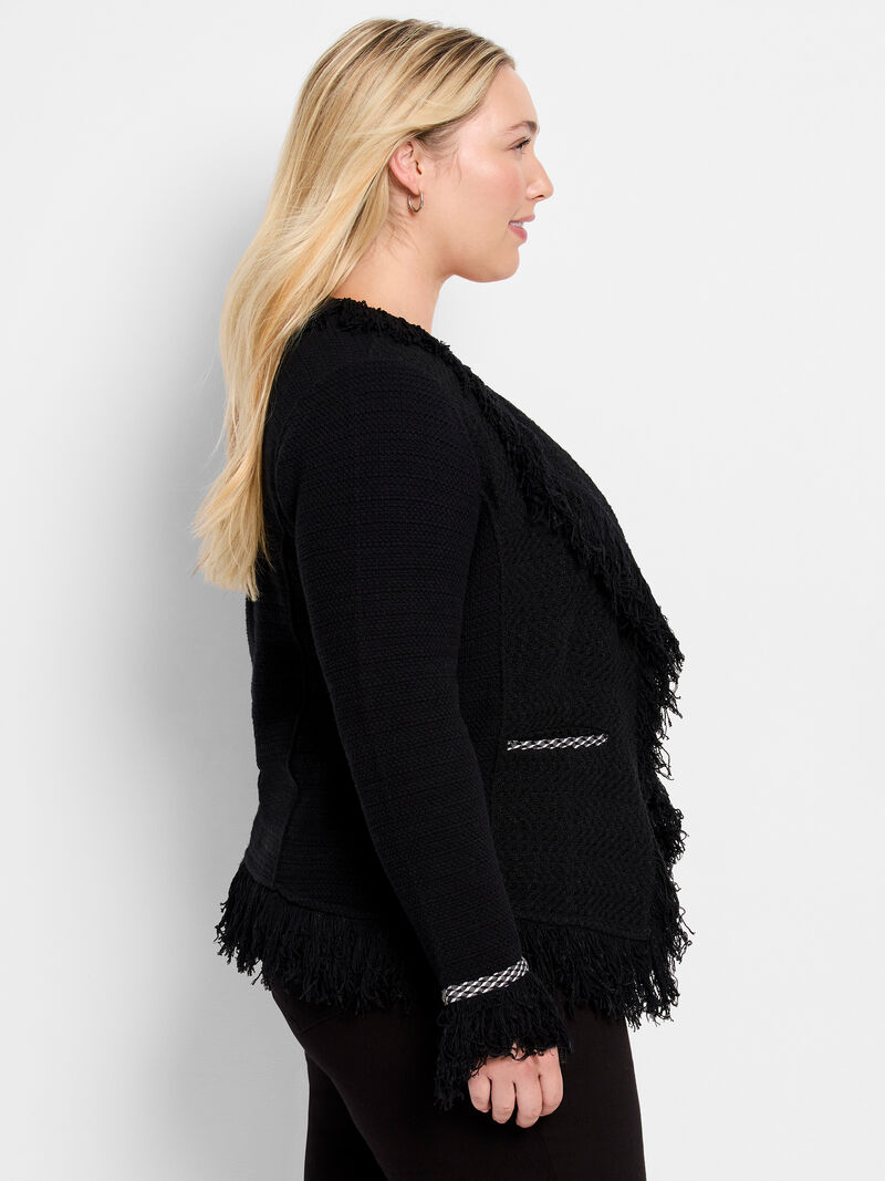 Woman Wears Statement Fringe Mix Knit Jacket image number 2