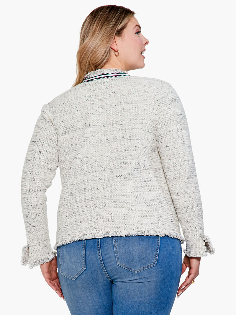 Woman Wears Ribbon Trim Fringe Knit Jacket image number 2
