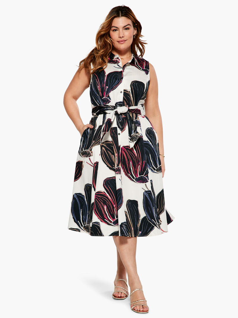 Woman Wears Stamped Flowers Shirt Dress image number 0