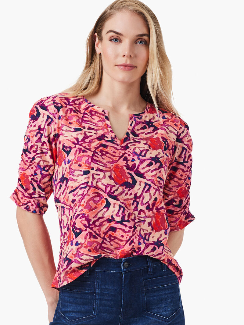 Woman Wears NZT Blurred Floral Ruched Elbow Sleeve Split Neck Top image number 2