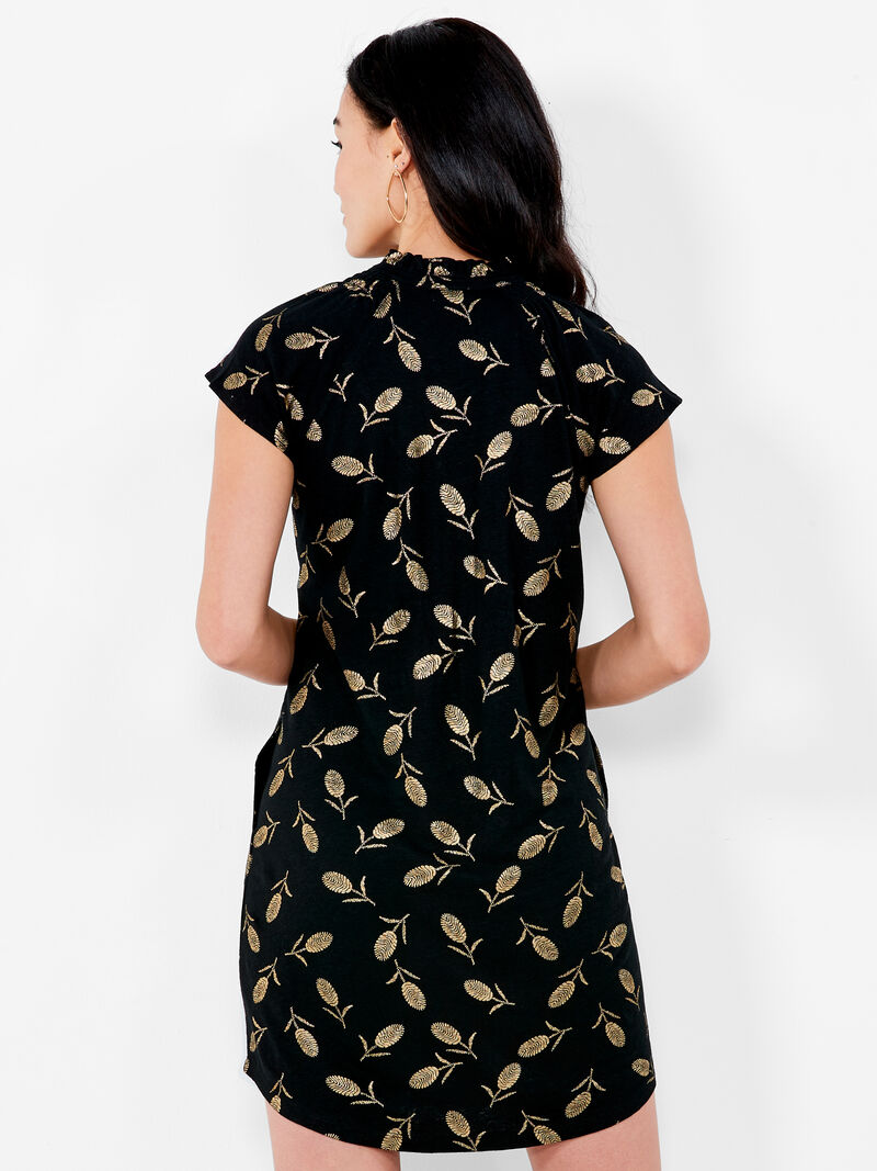 Woman Wears NZT Foil Short Sleeve Ruffle V Dress image number 3