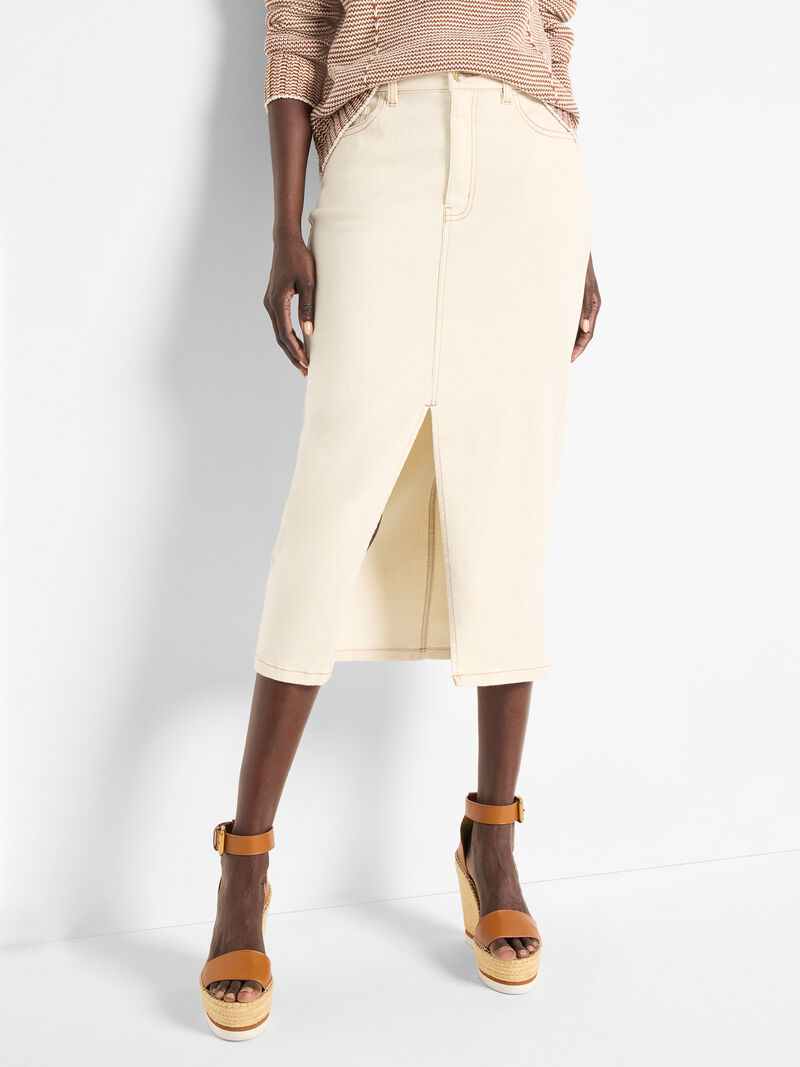 Woman Wears Front Slit Denim Midi Skirt image number 0
