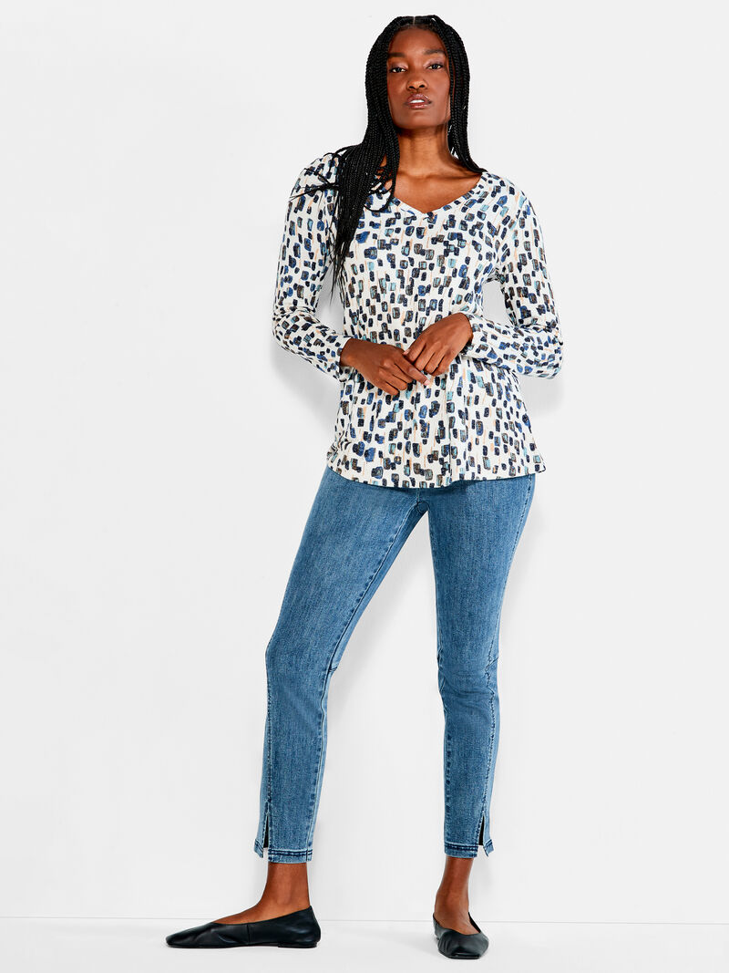 Woman Wears NZT Abstract Blocks Long Sleeve V Tee image number 3