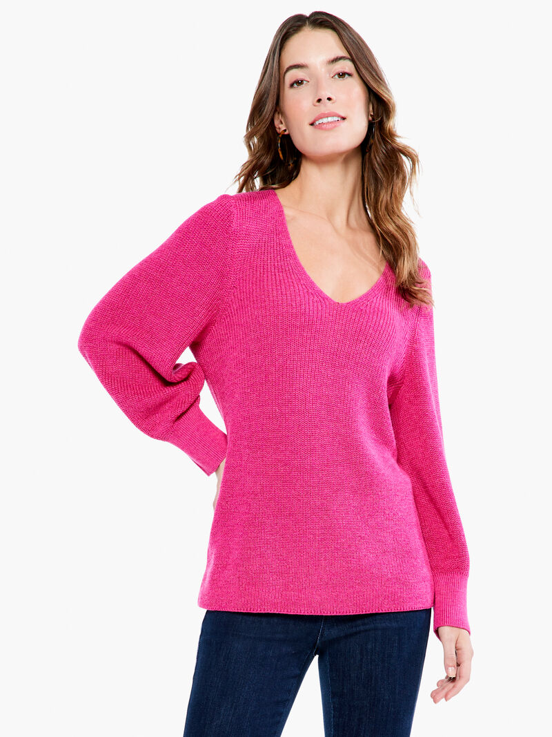 Woman Wears Shaker Knit V Neck Sweater image number 0