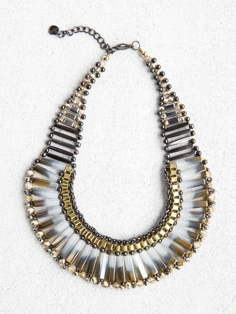 Woman Wears Nakamol Gold and Stone Beaded Statement Necklace image number 0
