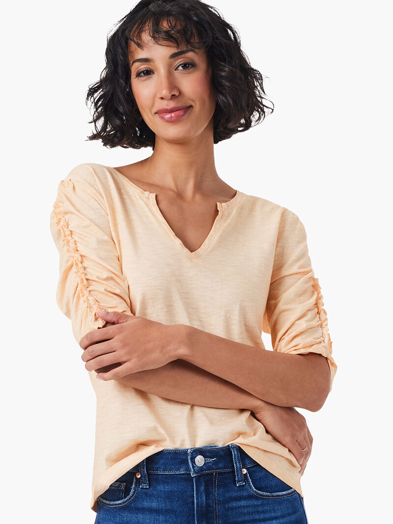 Woman Wears NZT Ruched Elbow Sleeve Split Neck Top image number 0