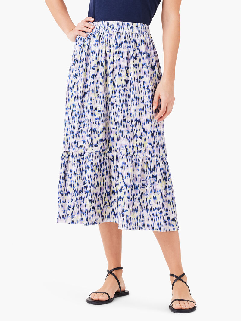 Woman Wears NZT Abstract Ikat Tiered Midi Skirt image number 1