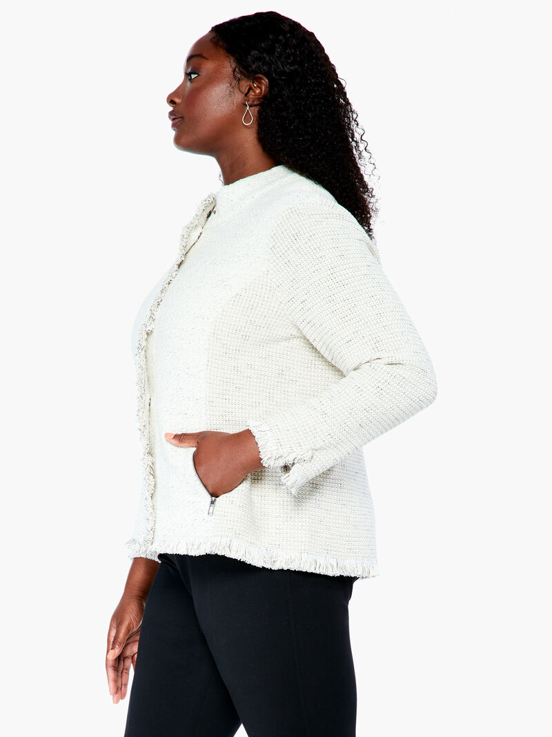 Woman Wears Collared Fringe Mix Knit Jacket image number 1
