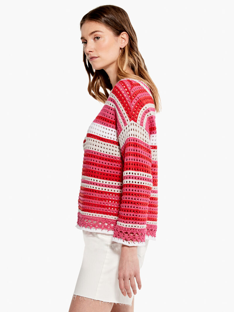 Woman Wears Colorful Crochet Sweater image number 1