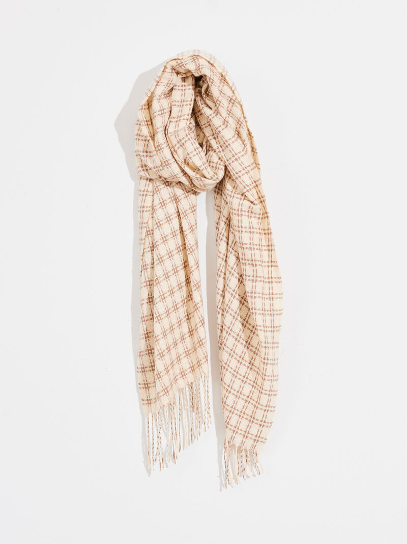 Woman Wears Hat Attack Stitched Plaid Scarf image number 0
