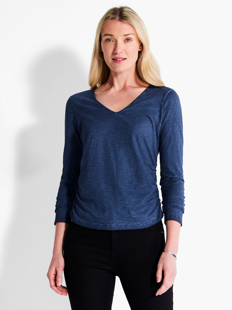 Woman Wears NZT Long Sleeve V-Neck Ruched Tee image number 0