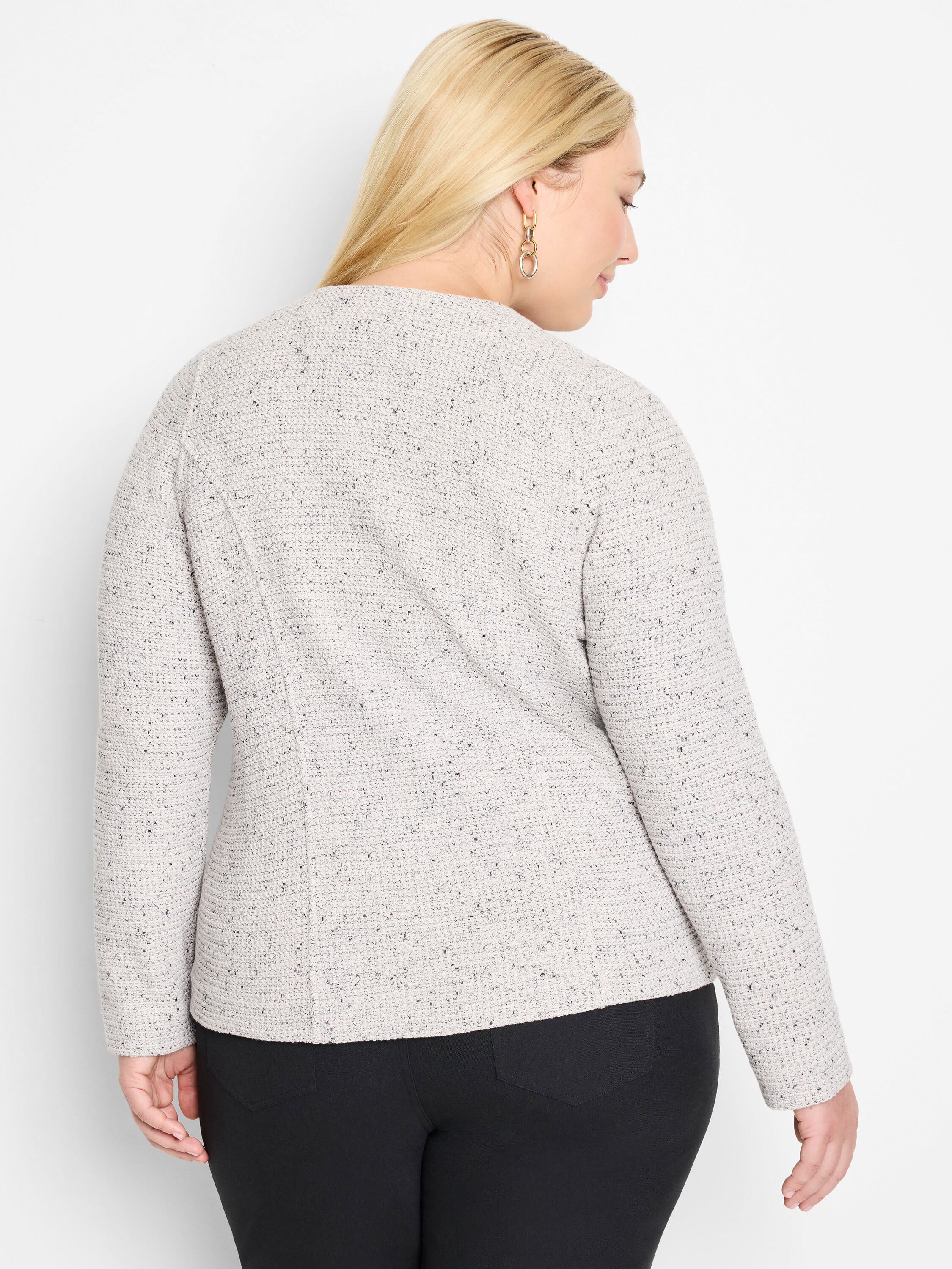 ジャケット・アウター (mayu) Moxie Sweater Combo Frinda Rhinestone Accent Fringe Tweed Knit Jacket