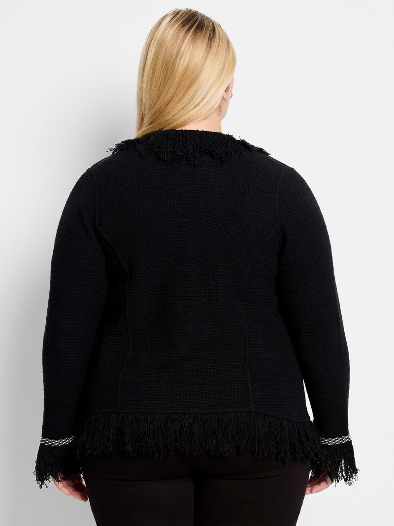 Woman Wears Statement Fringe Mix Knit Jacket image number 3