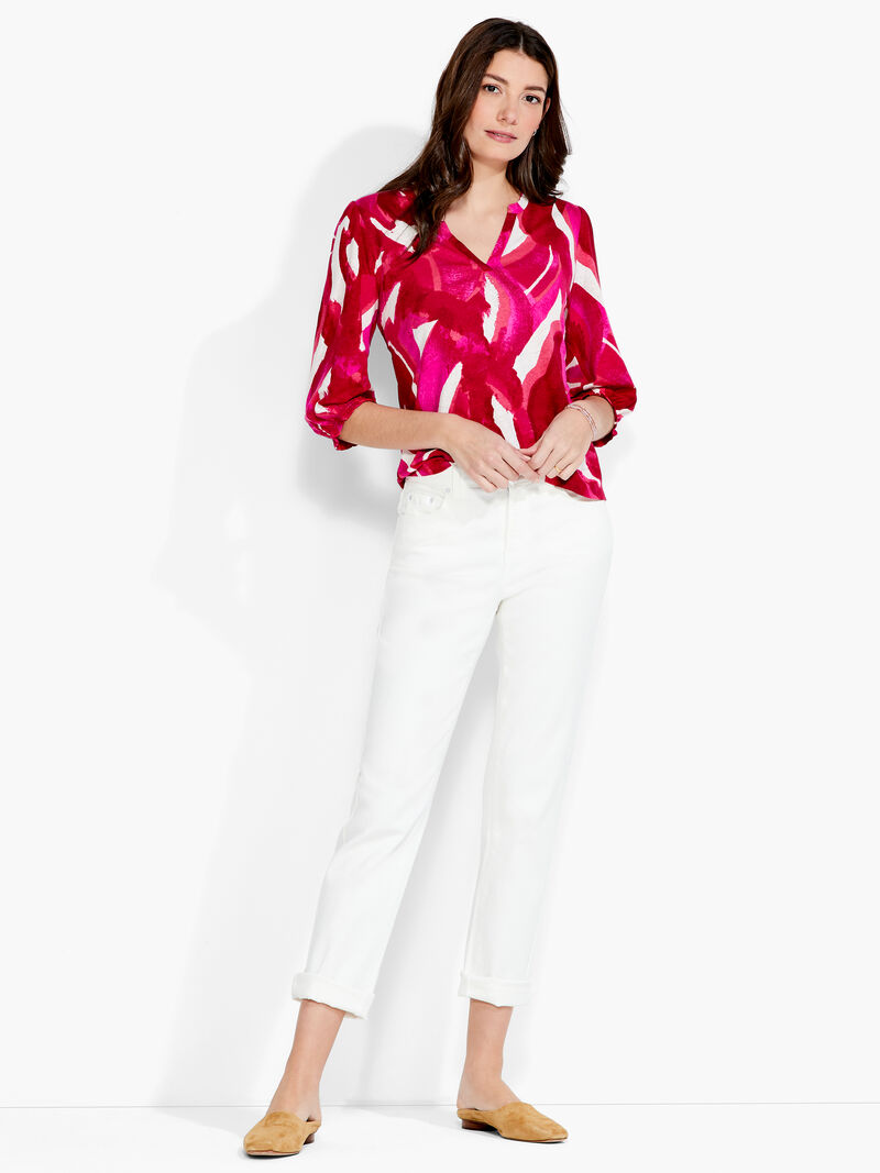 Woman Wears NZT Blooms 3/4 Sleeve Split Neck Tee image number 3