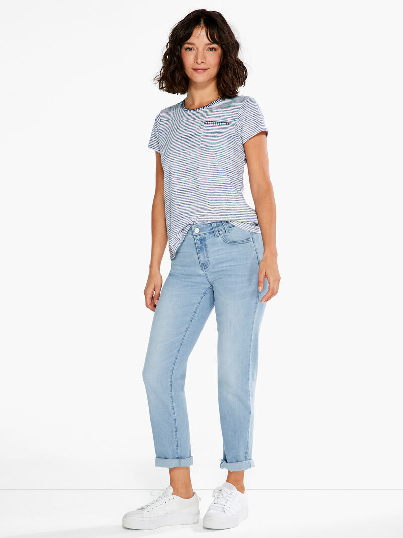 Woman Wears NZT Crew Neck Short Sleeve Stripe Tee image number 3