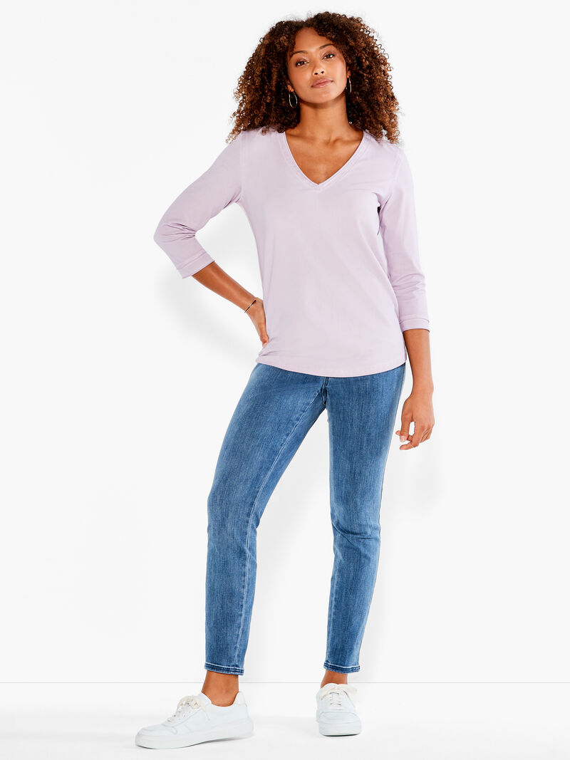 Woman Wears NZT 3/4 Sleeve Roll V Tee image number 3