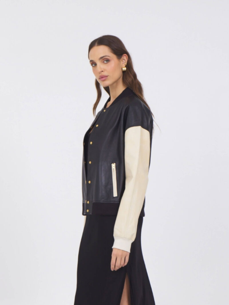 Woman Wears JKT - Fallon Leather Baseball Jacket image number 2