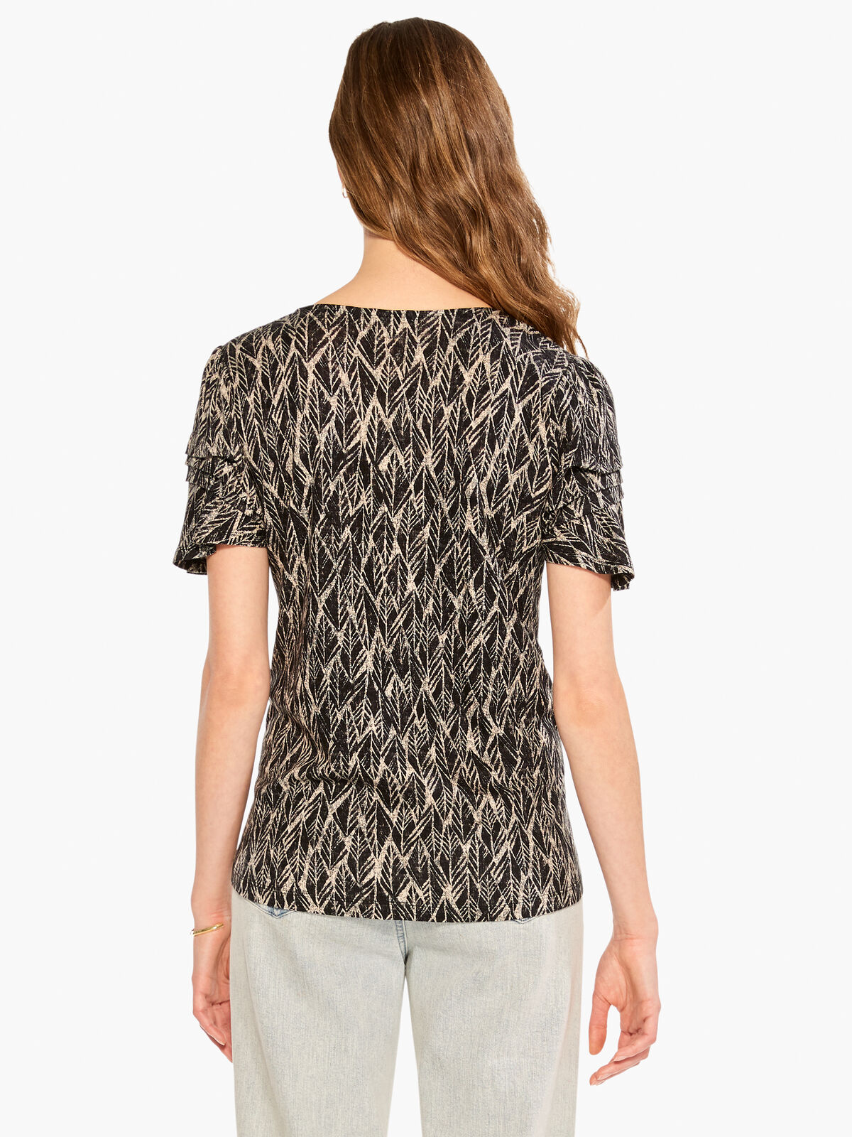 NZT Sketched Leaves Flutter Sleeve Split Neck Tee