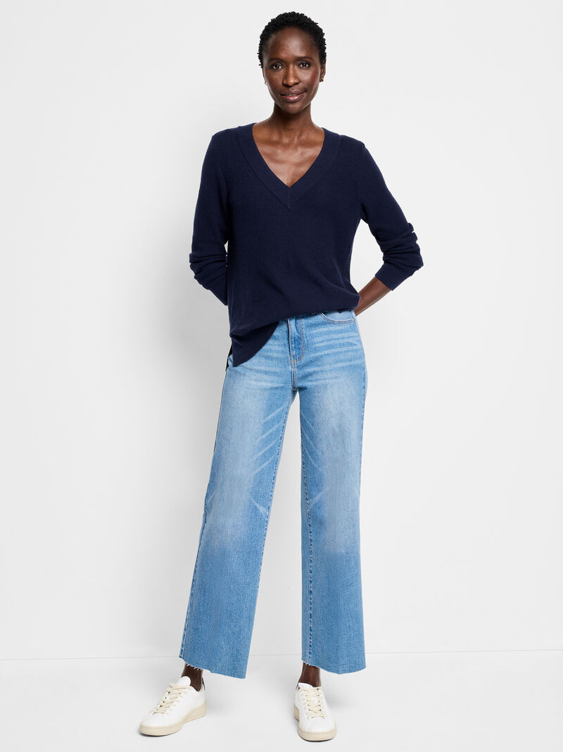 Woman Wears Waffle Stitch V-Neck Sweater image number 1