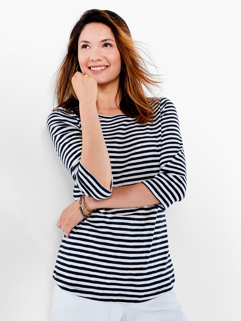 Woman Wears NZT 3/4 Sleeve Stripe Boat Tee image number 0