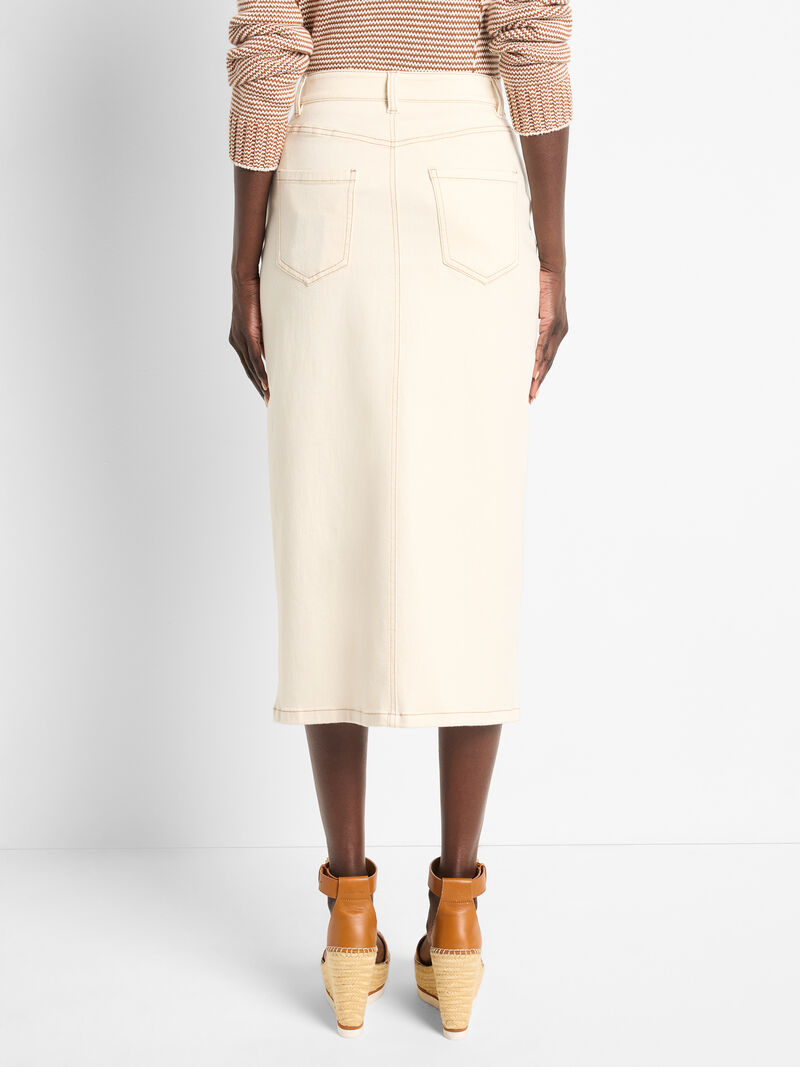 Woman Wears Front Slit Denim Midi Skirt image number 3