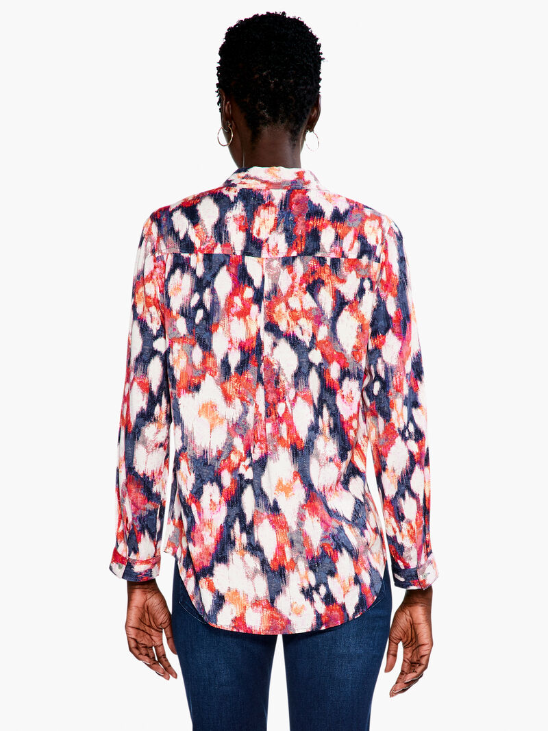Woman Wears Floral Ikat Live In Shirt image number 2